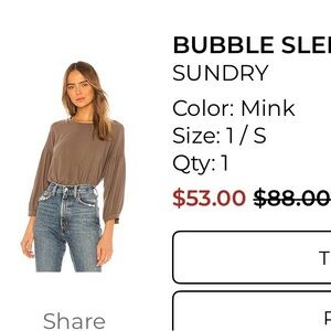 $88 Sundry Bubble Sleeve Top Revolve Taupe Size 1/Small Boho
